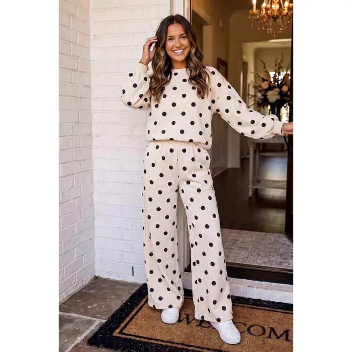 Polka Dot Puff Sleeve Casual Pants Set