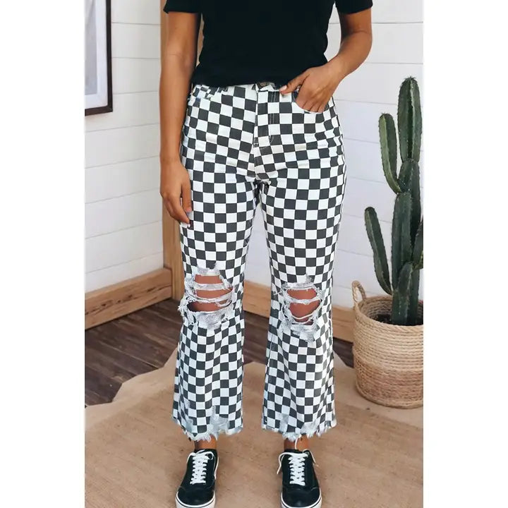 Black Plaid Distressed Holes Raw Edge Cropped Jeans