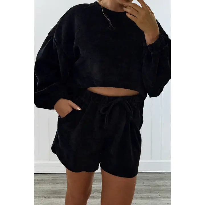 Black Textured Knit Pullover Drawstring Shorts Sets