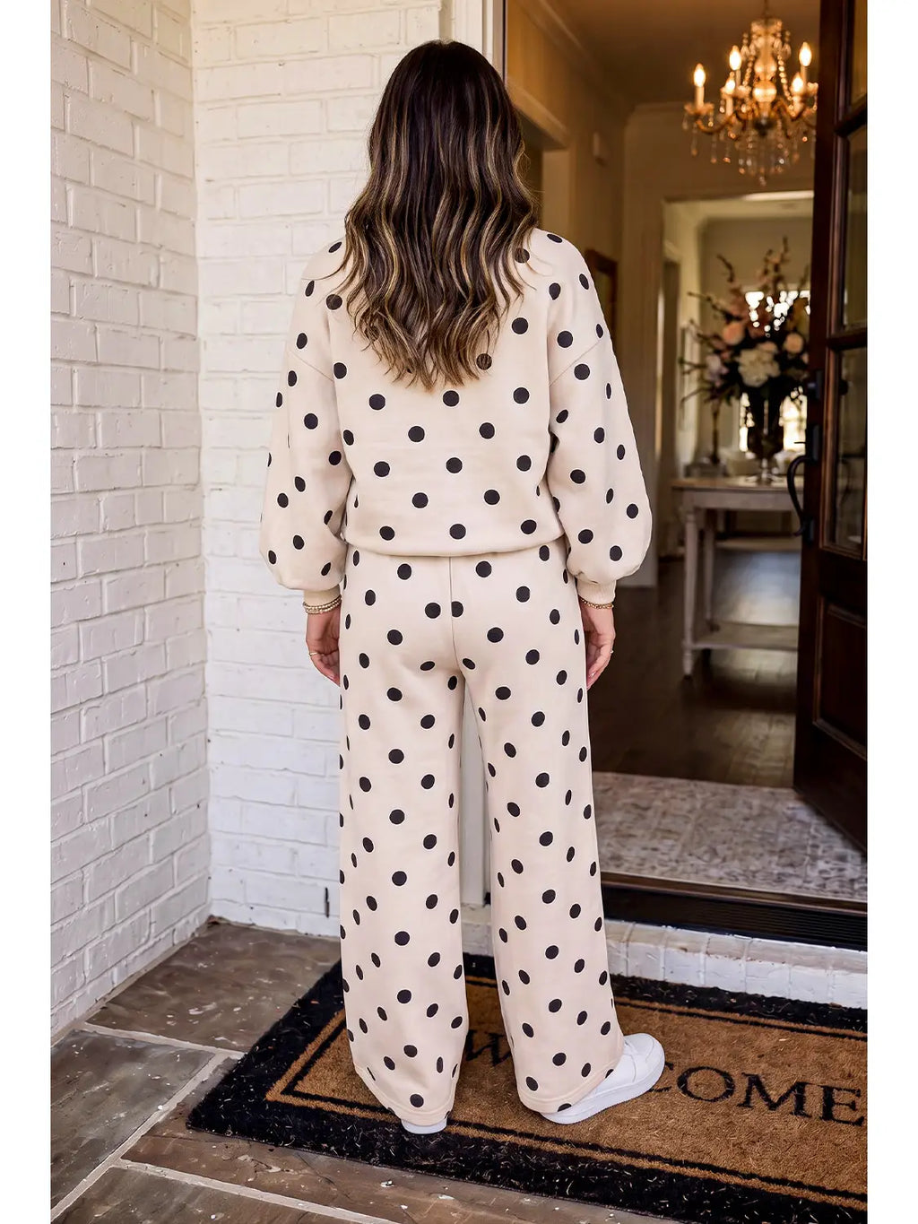 Polka Dot Puff Sleeve Casual Pants Set