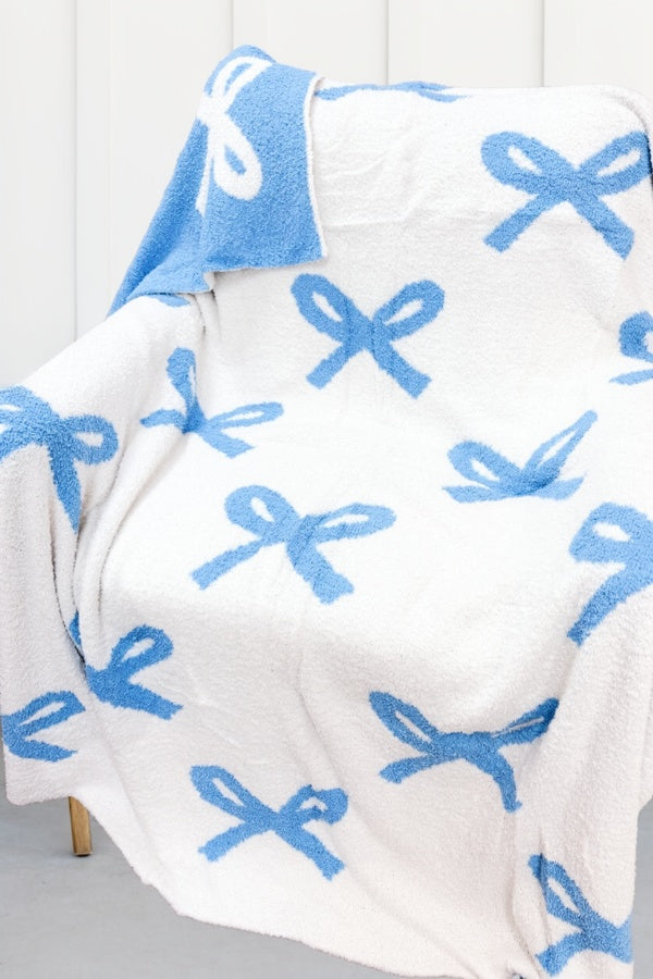 Blue and Cream Bow Luxury Blanket