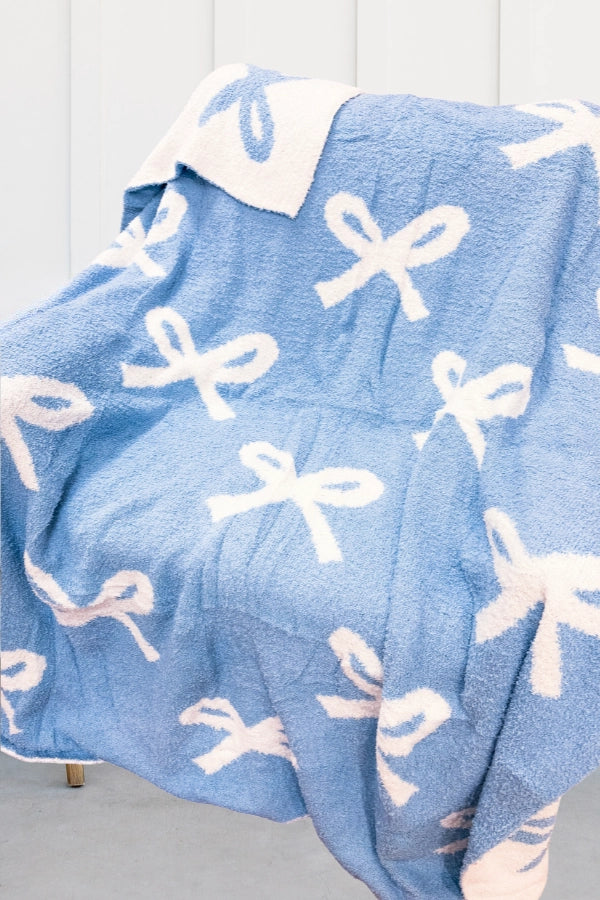 Blue and Cream Bow Luxury Blanket