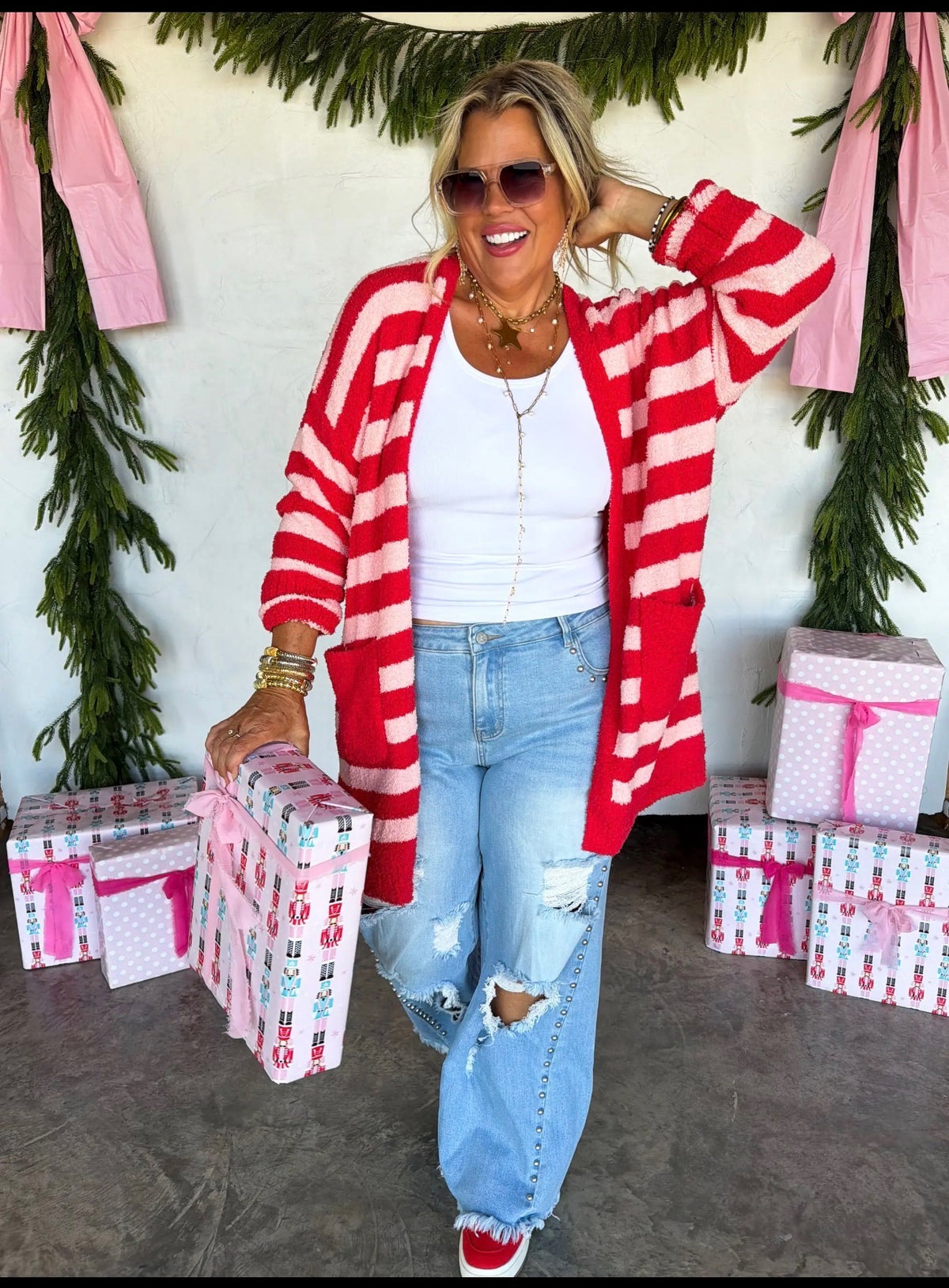 ❤️🩷 Candy Cane Kisses Striped Cardigan 🎄