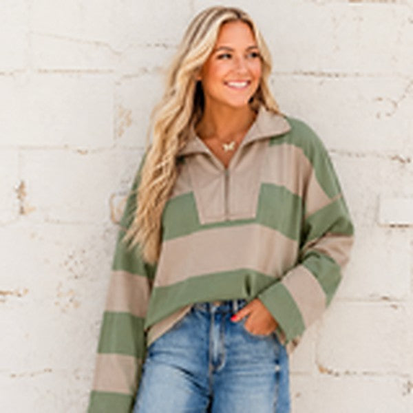 Stripe Colorblock Zipper Pullover