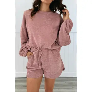 Black Textured Knit Pullover Drawstring Shorts Sets