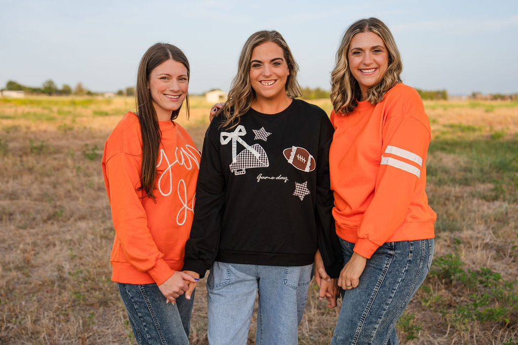 Varsity Striped Shoulder Sweatshirt-  Orange w/ White Stripes