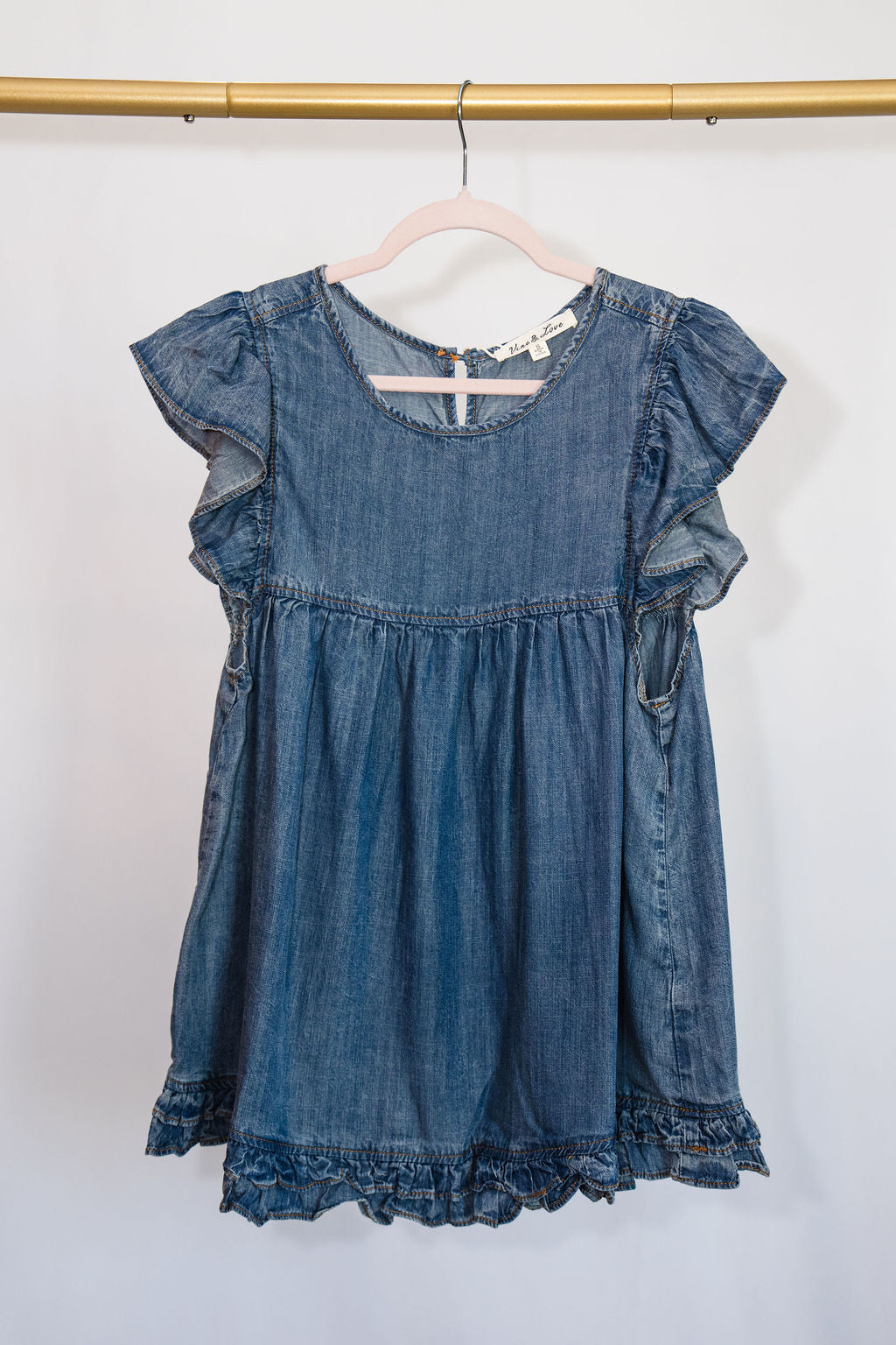 Ruffle Accent Short Sleeve Chambray Denim Top
