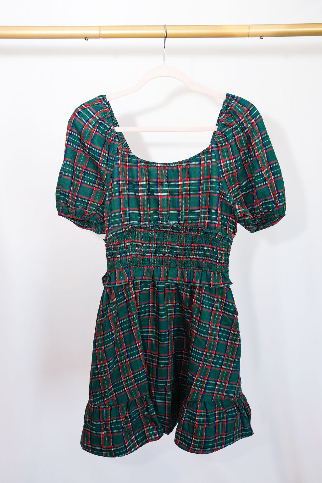 Green Plaid Shirred Dress