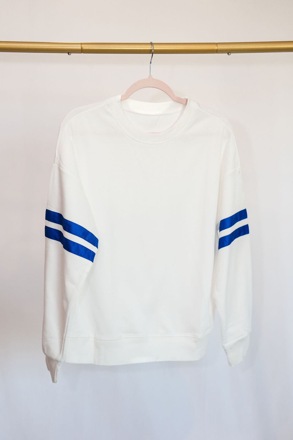 Varsity Striped Shoulder Sweatshirt-  White w/ Blue Stripes