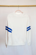 Varsity Striped Shoulder Sweatshirt-  White w/ Blue Stripes