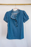 Short Sleeve Button-Up Ruffle Neck Denim Top