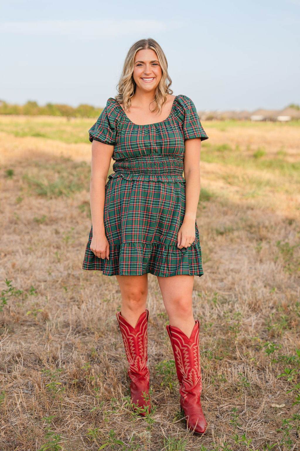 Green Plaid Shirred Dress